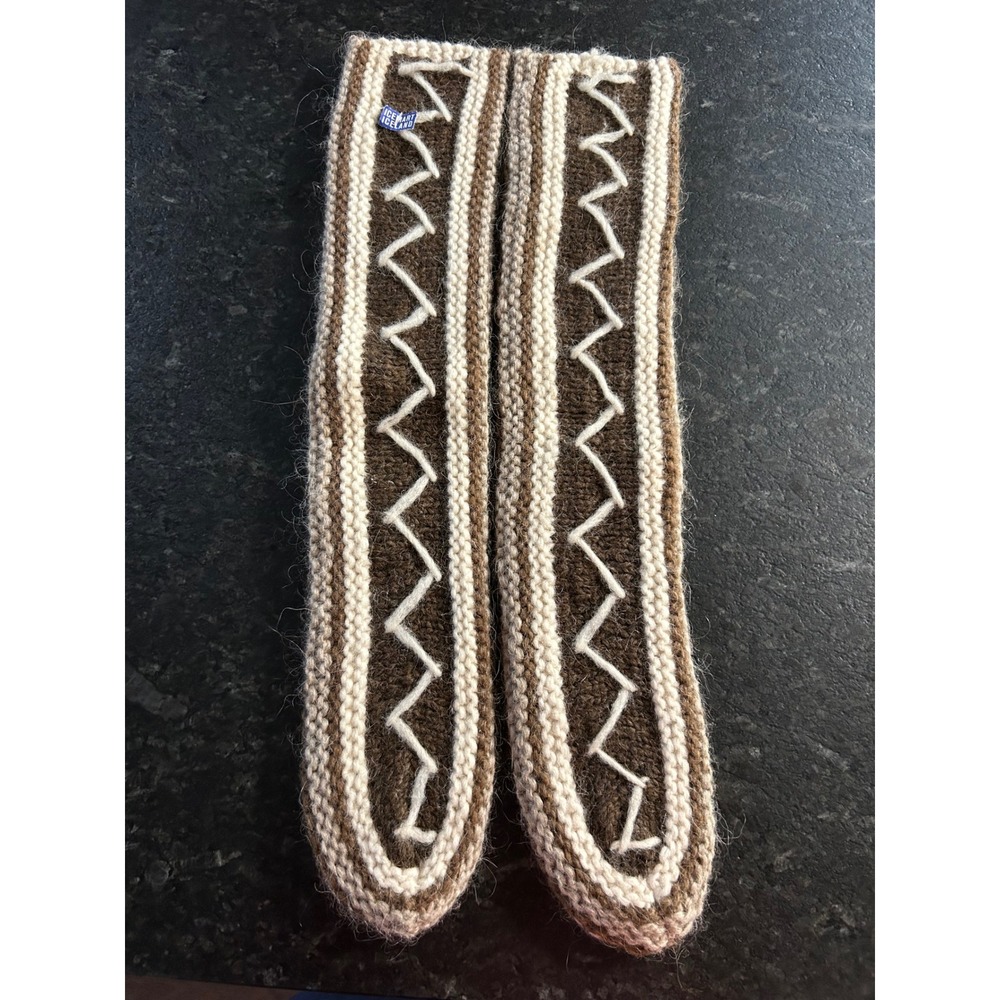 Icemart Iceland Wool Socks Hand Knit Brown Cream Zigzag Knee High Heavy Chunky